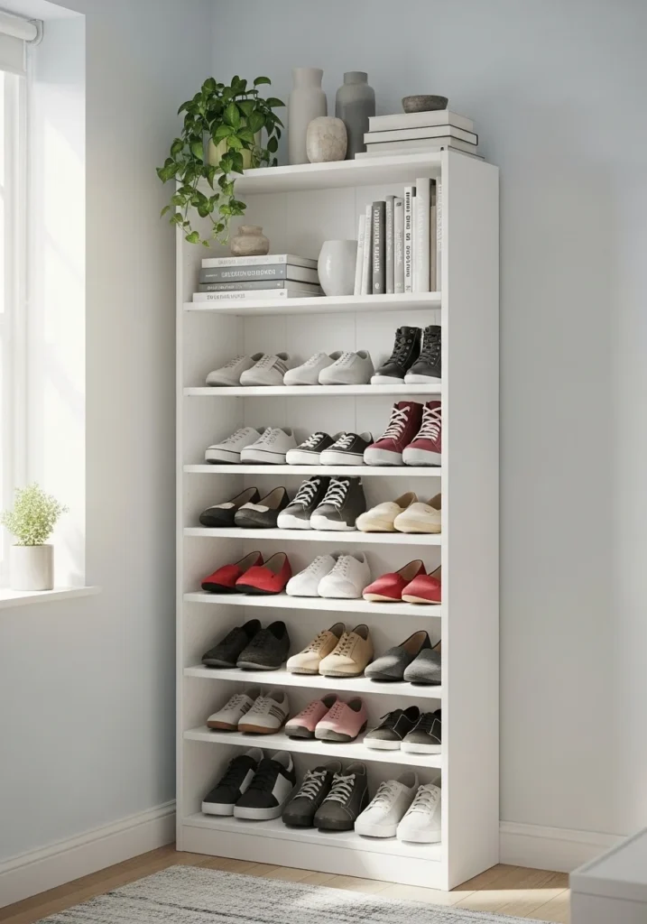 Bookshelf used as shoe storage in small space with organized shelves