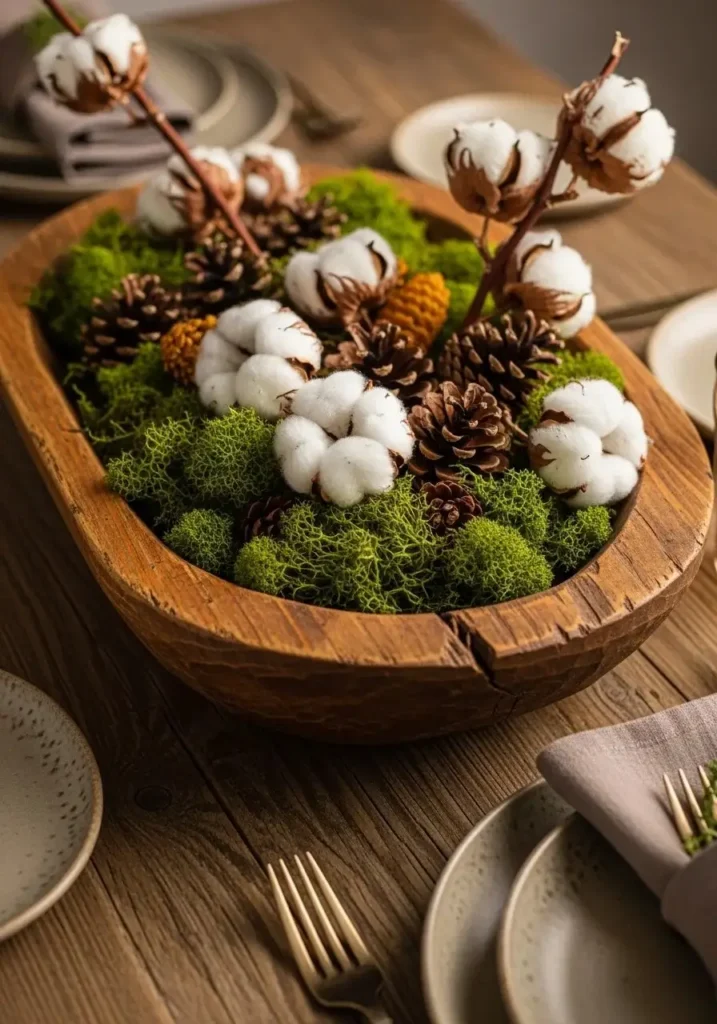 Dough bowl centerpiece with moss and dried botanicals for natural decor