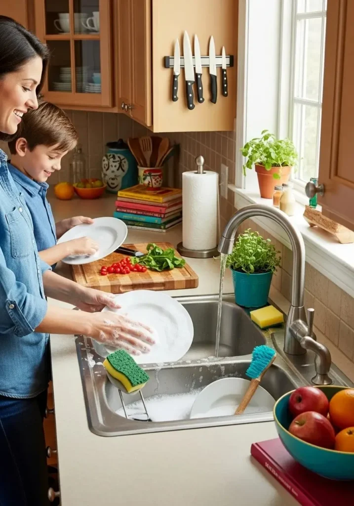 Double basin kitchen sink for multitasking and efficient dishwashing
