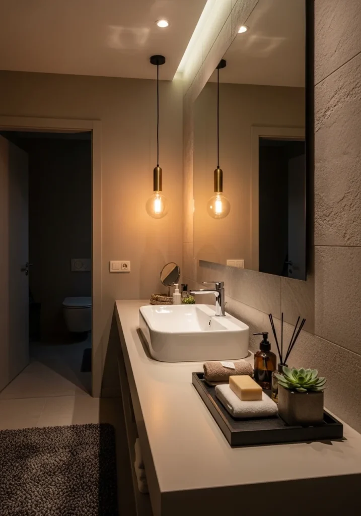 Bathroom with statement lighting creating a warm and inviting glow