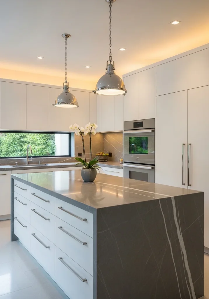 Gray stone waterfall island adding soft contrast in modern kitchen