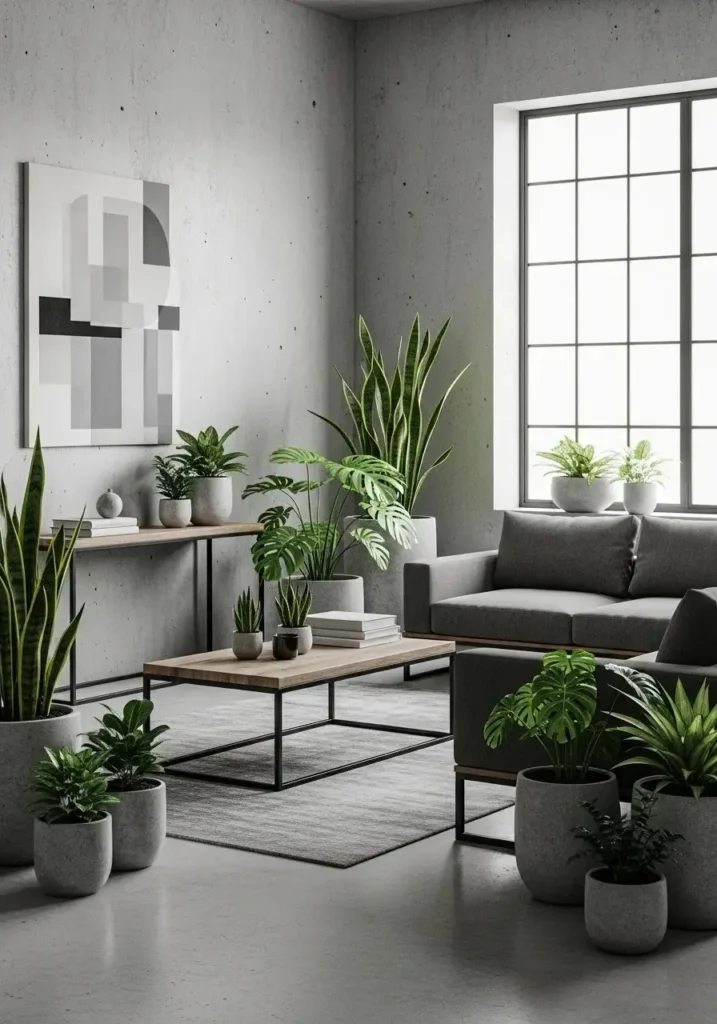 Concrete plant pots in a modern industrial-style interior with greenery