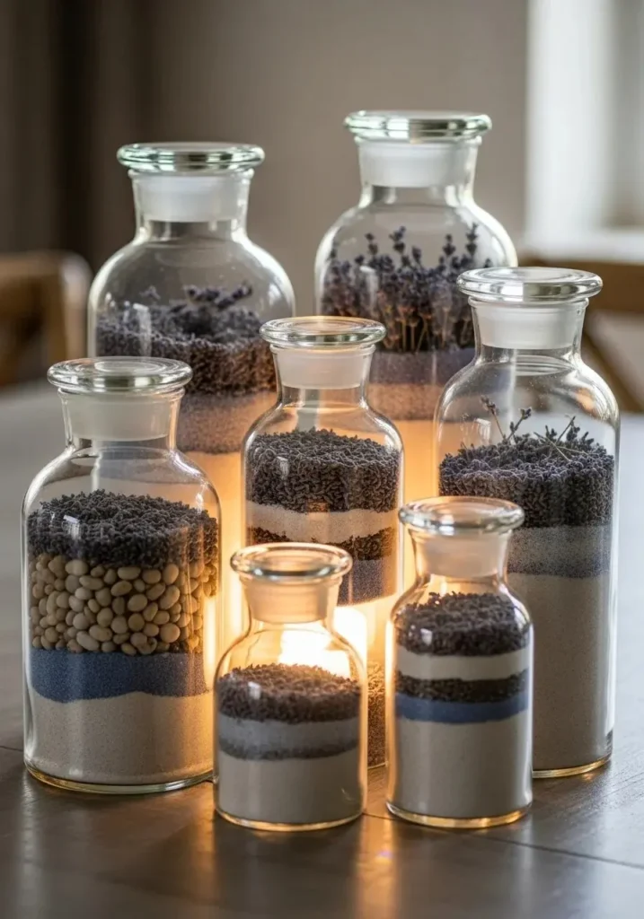 Apothecary jars filled with natural elements used as table centerpiece