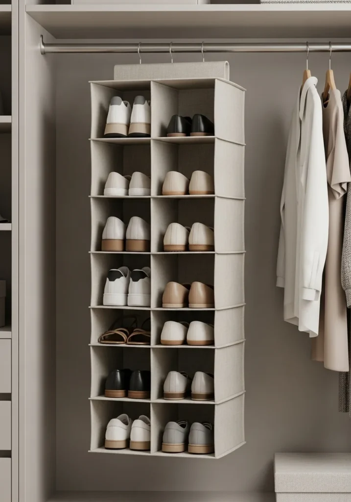 Hanging fabric shoe organizer in closet for small space storage
