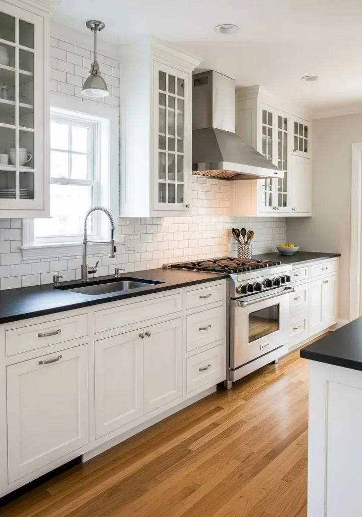 Subway tile backsplash with black countertops for timeless kitchen design