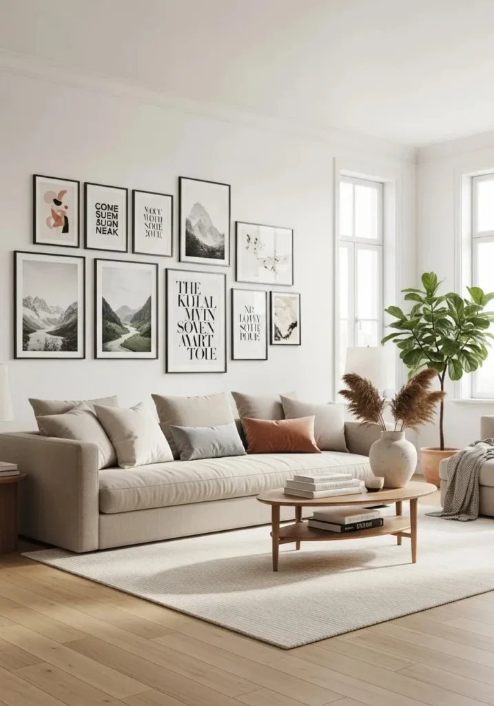 Gallery wall with framed prints decorating a small apartment living room