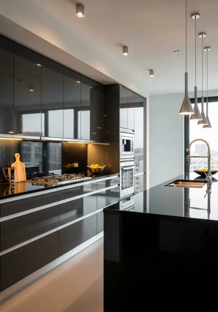 Glossy kitchen finishes with black countertops for bright modern look