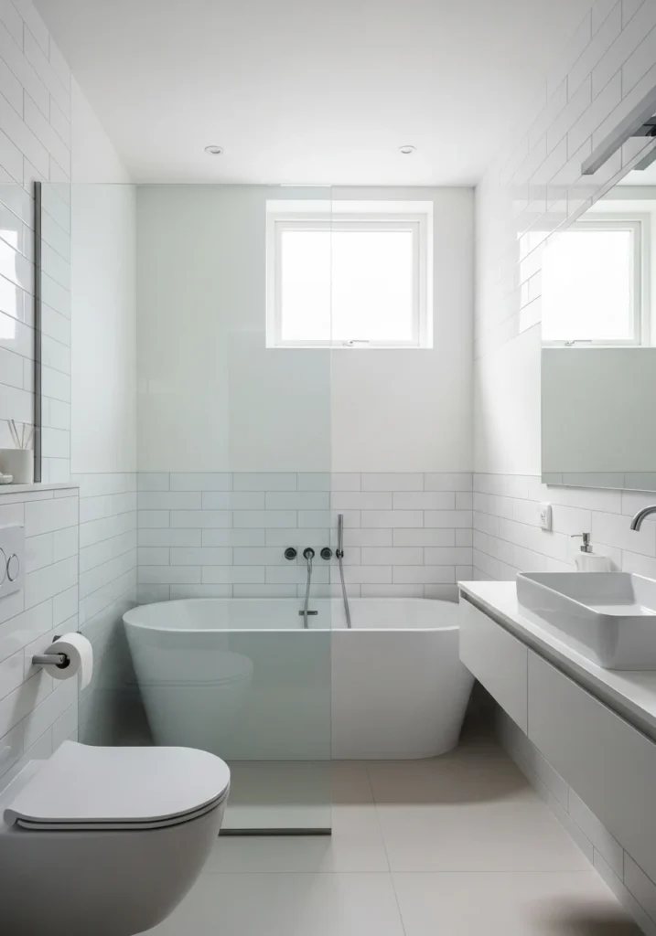 Glass partition around bathtub creating open and spacious feel in a small bathroom