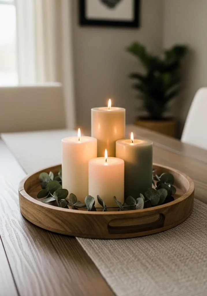 Pillar candle centerpiece on wooden tray with eucalyptus for cozy table styling