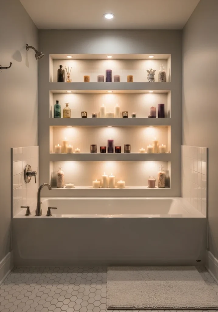 Built-in wall niches above tub for organized storage in small bathroom