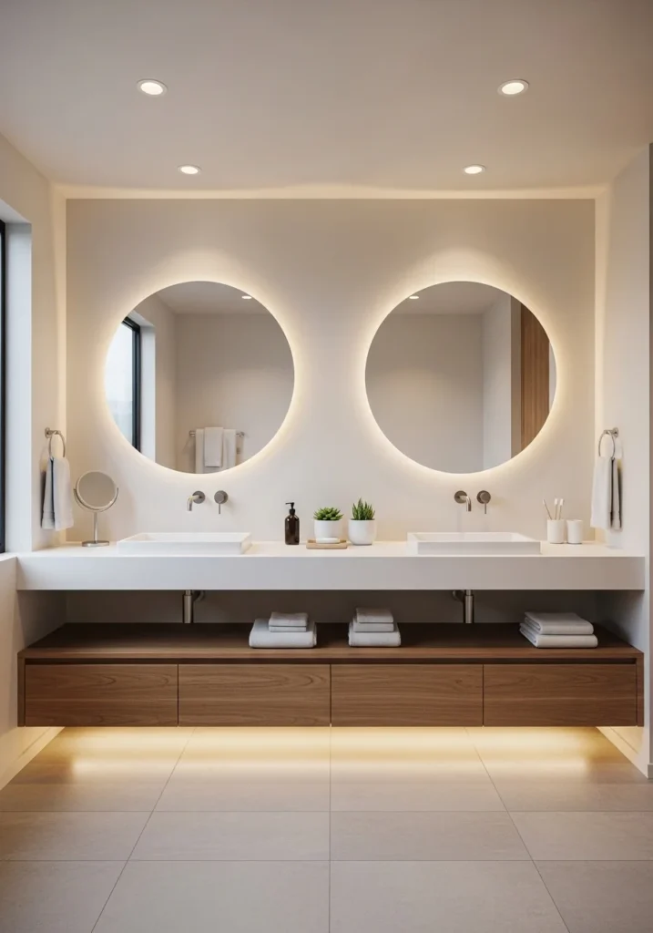 Double vanity bathroom with two mirrors and modern symmetrical design