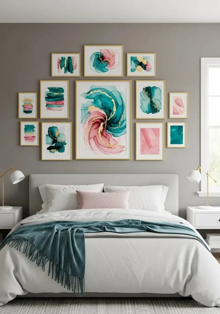 Bedroom gallery wall featuring teal and pink artwork prints