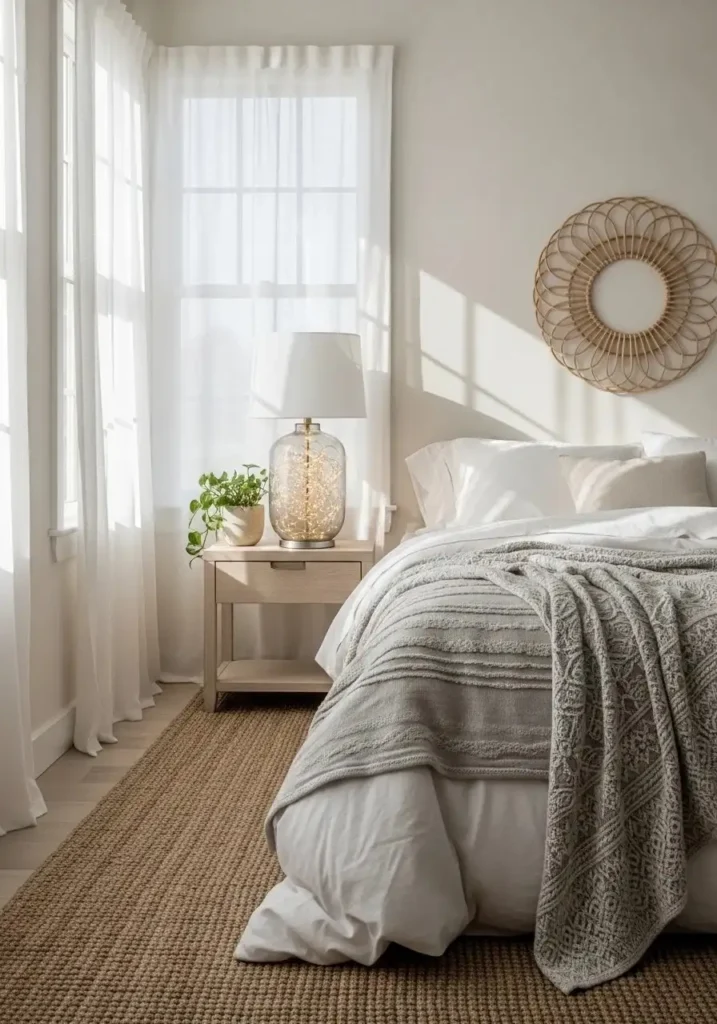 Glass base bedroom lamp creating light and airy feel