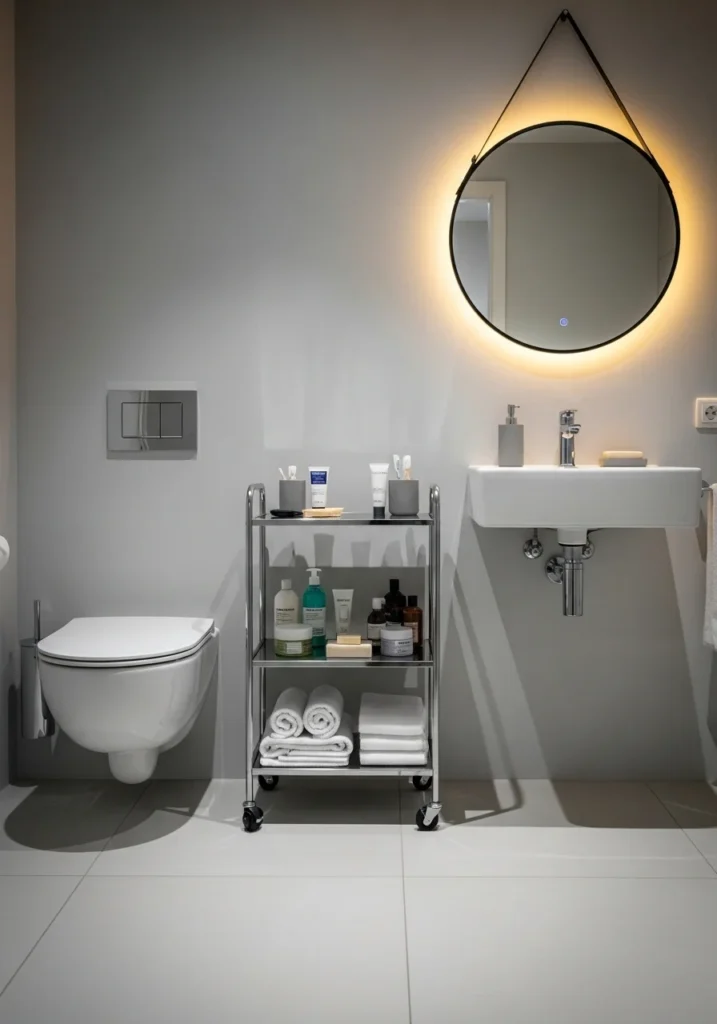 Slim rolling storage cart used for toiletries in a small bathroom corner.