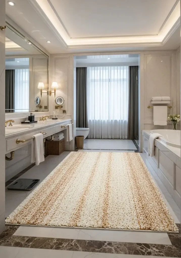 Oversized bathroom rug creating a luxurious and cozy feel