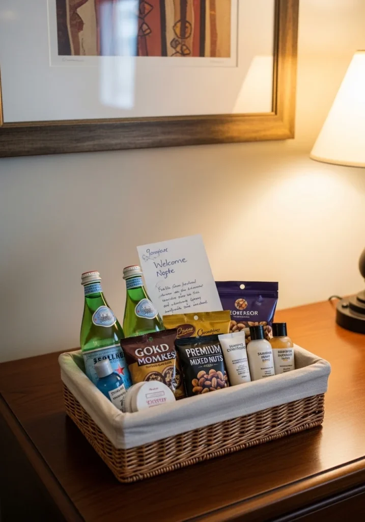 Guest room welcome basket with snacks, toiletries, and a note creating a personal touch for visitors.