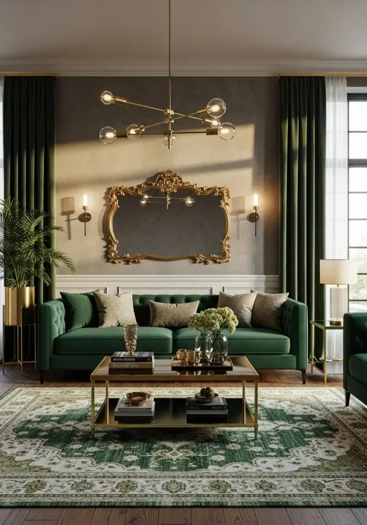Emerald green and gold living room color combination for luxury style