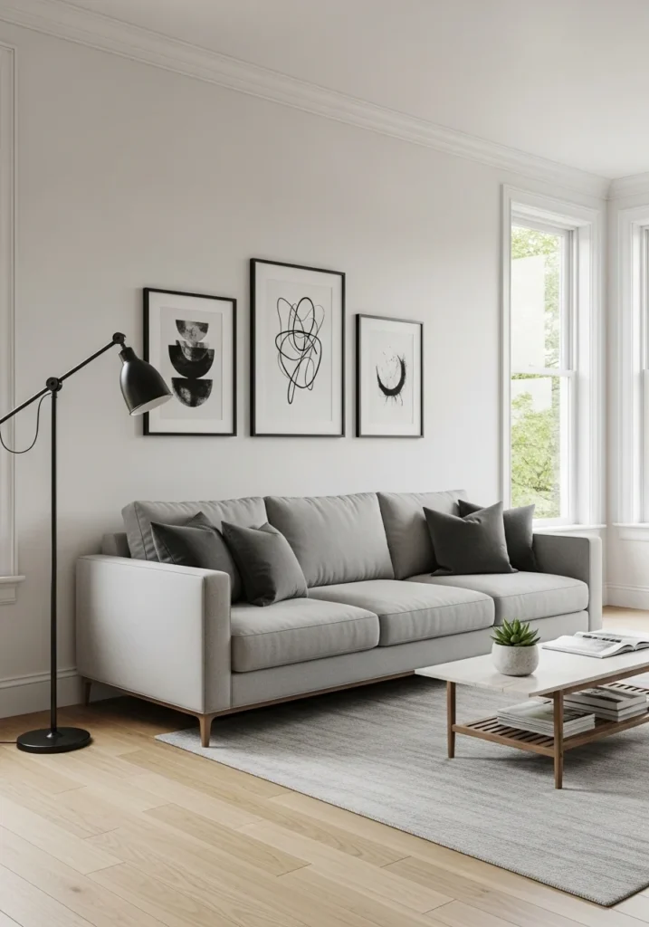 Grey couch with black accents creating contrast and modern style