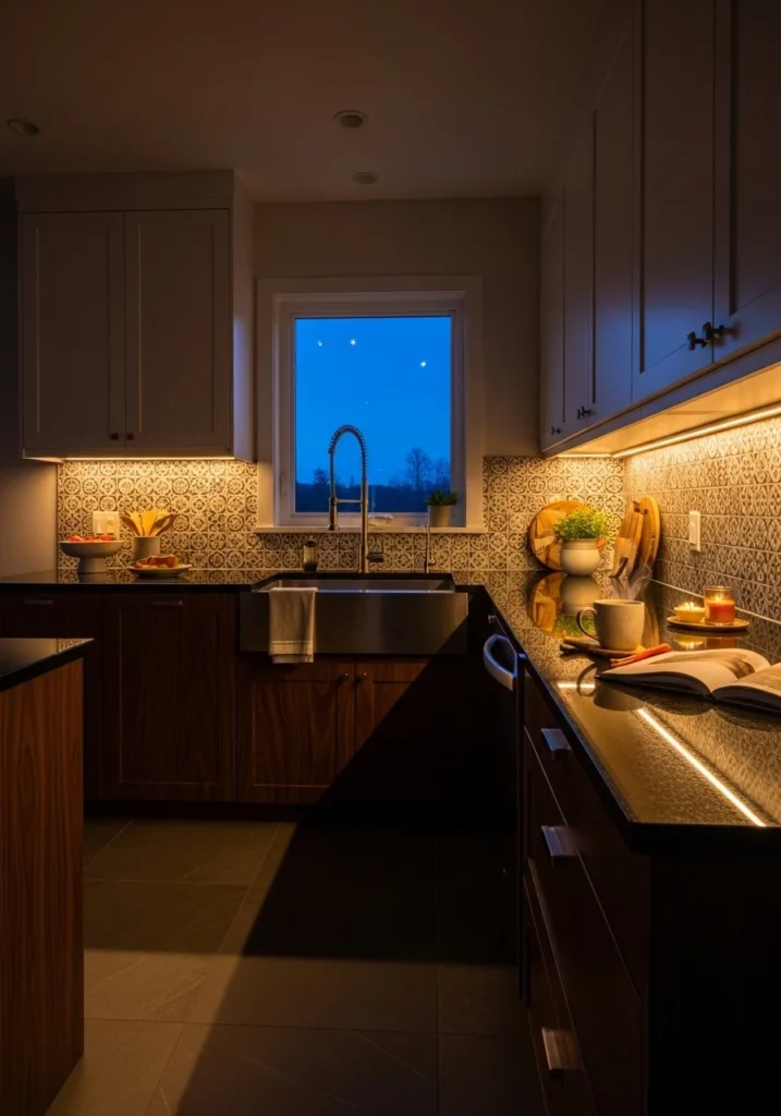 Under cabinet lighting highlighting black kitchen countertops