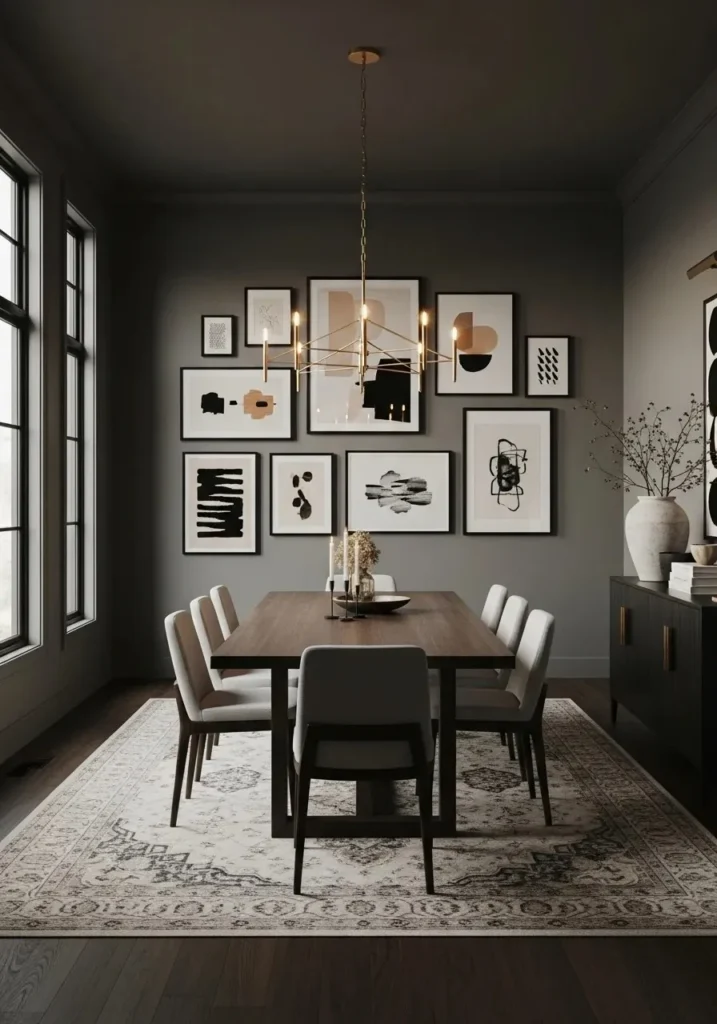 moody dining room with gallery wall and dark frames