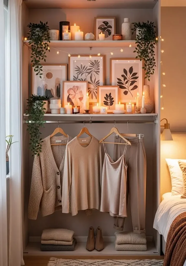 decorative open closet with styled aesthetic home decor elements