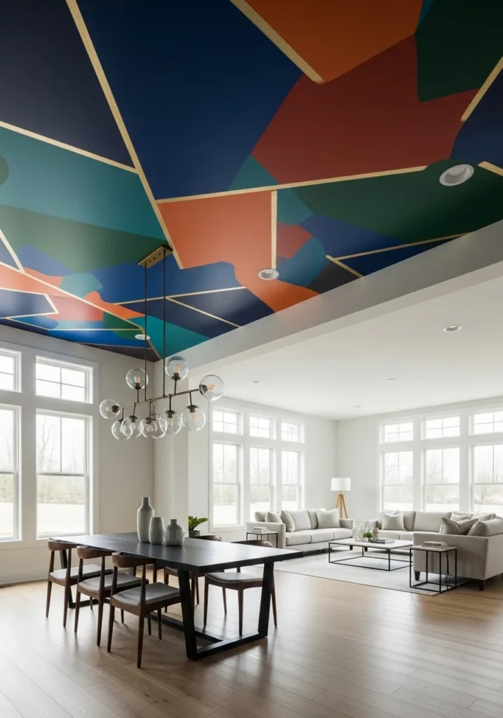 Dining area defined with painted ceiling in open-plan room