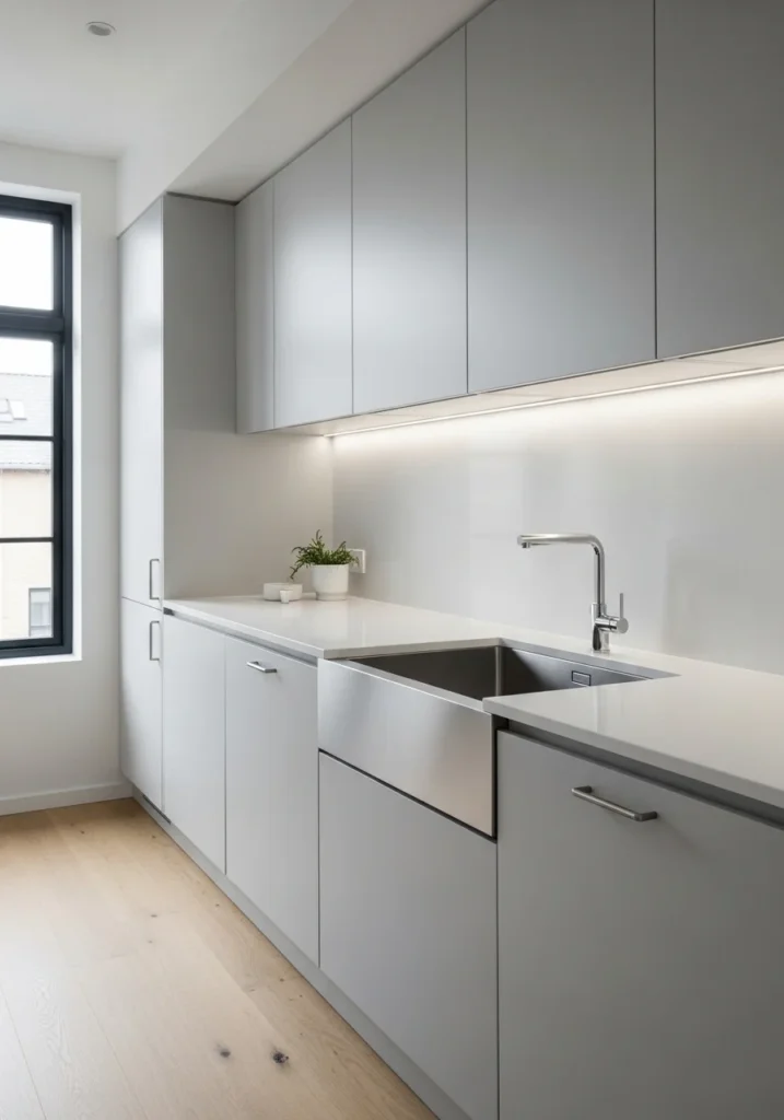 Stainless steel undermount sink in modern minimalist kitchen with seamless countertop