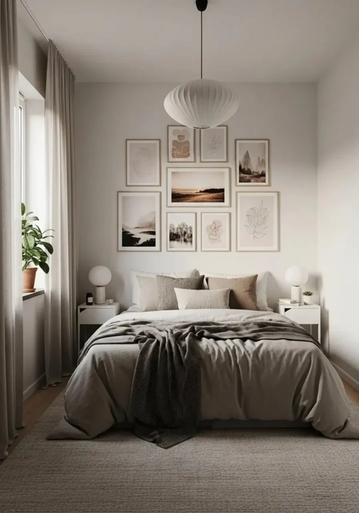 Small bedroom decorated with stylish wall art gallery