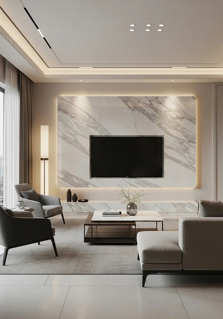 Marble TV wall creating a luxurious focal point in modern living room