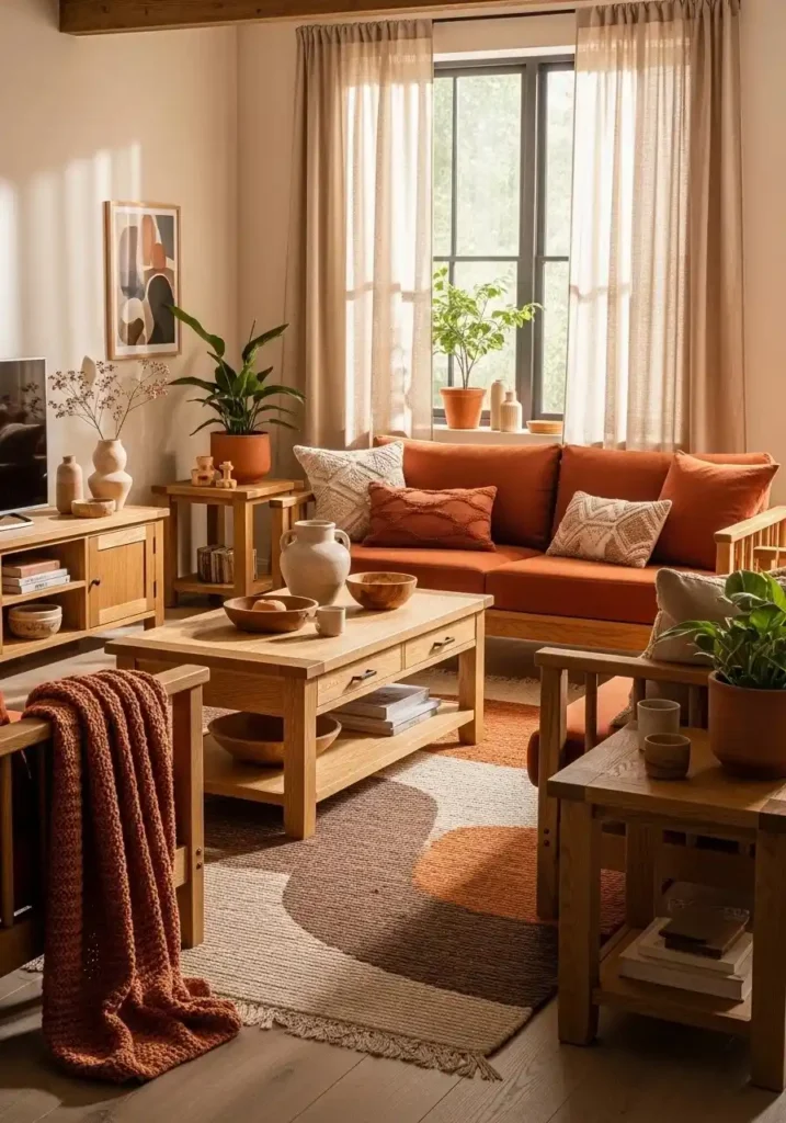 Burnt orange and wood elements creating a warm natural living room feel