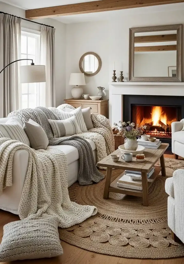 Cozy farmhouse living room with layered textures like linen cushions and knitted throws