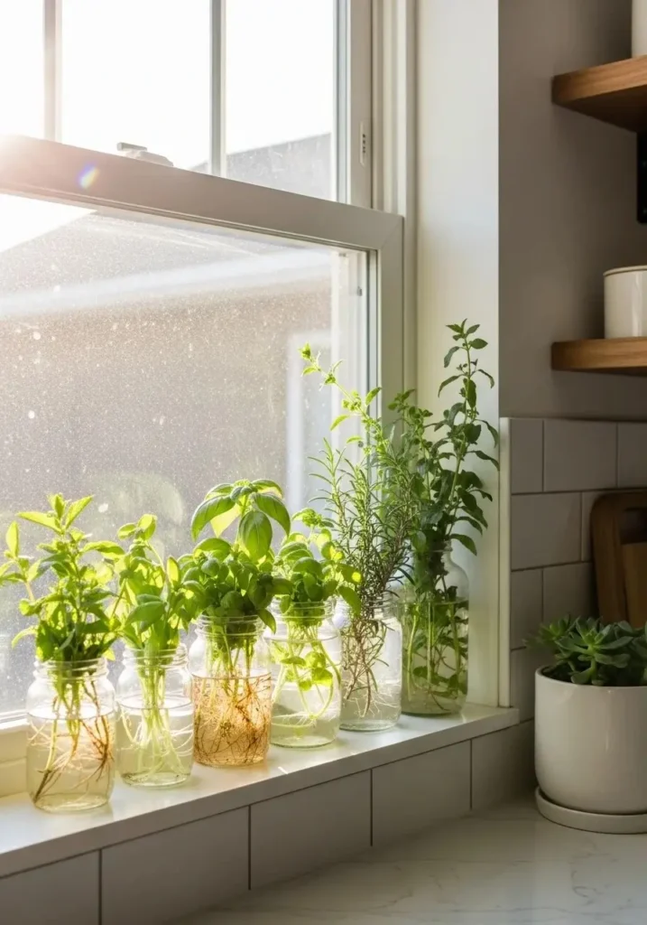 Kitchen window water plants with herbs growing in glass jars