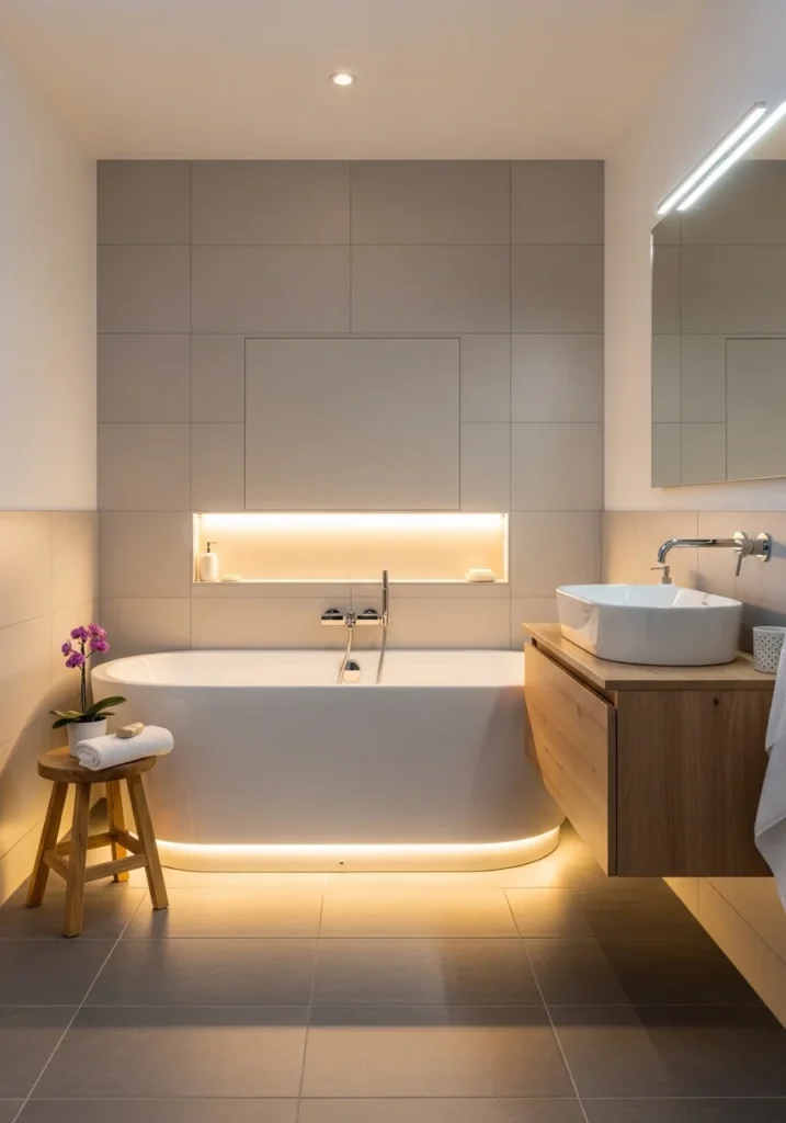 Soft LED lighting creating relaxing spa mood in small bathroom with tub