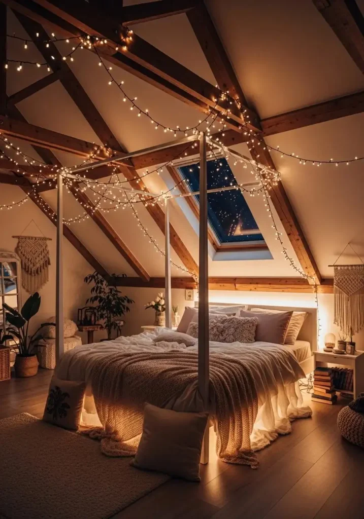 Dreamy attic bedroom decorated with fairy lights and cozy warm ambiance