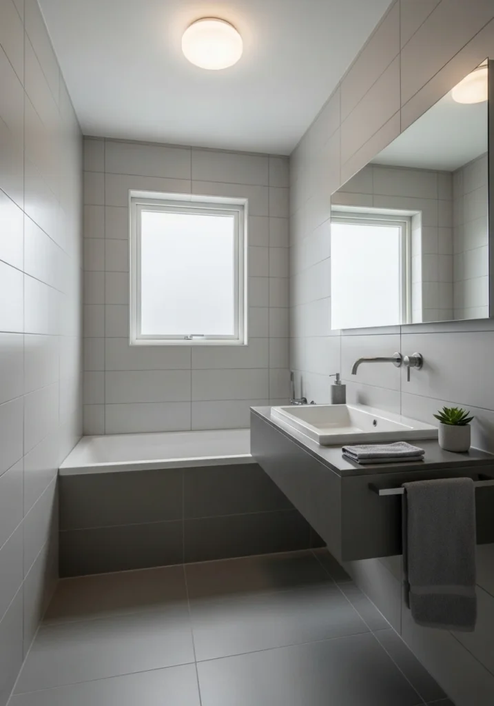 Monochrome bathroom design with tub creating unified small space