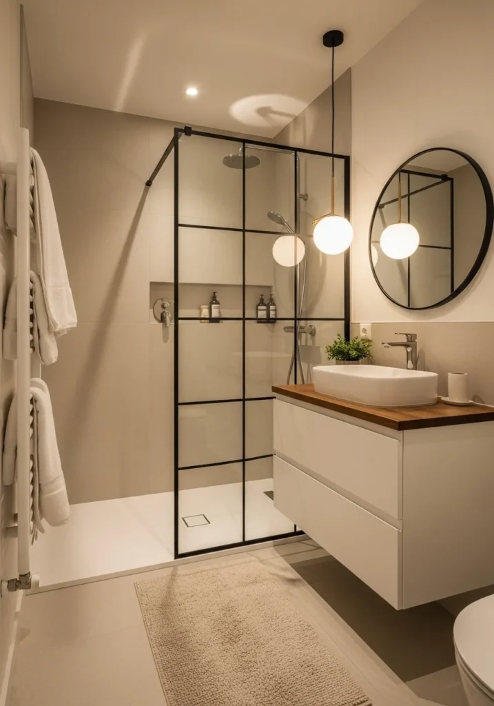 Pendant lighting adding warmth and style to a small bathroom walk-in shower