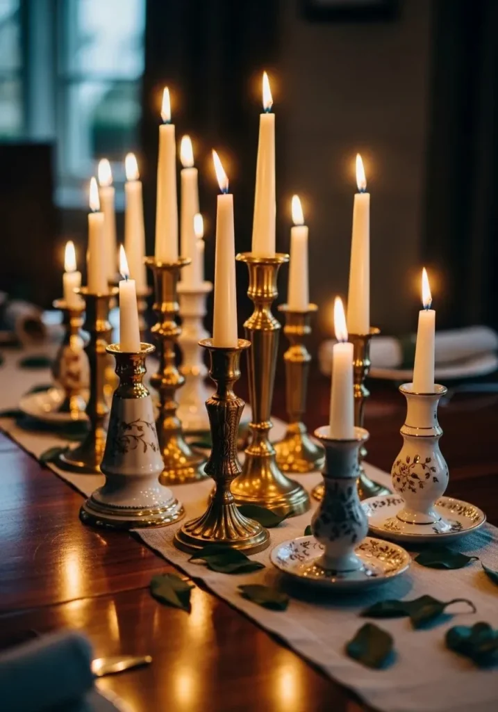 Vintage candlestick centerpiece with mixed heights for elegant decor