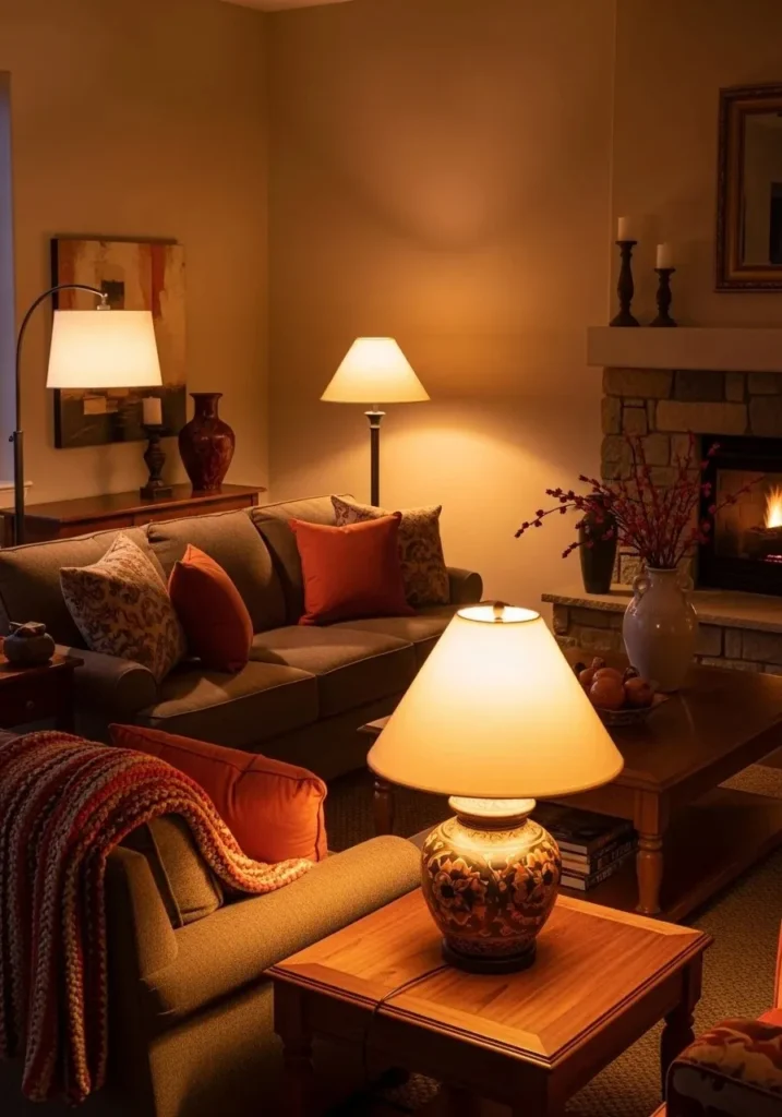 Warm lighting enhancing burnt orange tones in a cozy living room