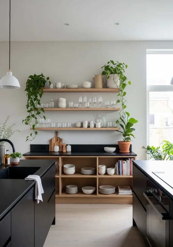 Open shelving kitchen with black countertops for light and airy feel