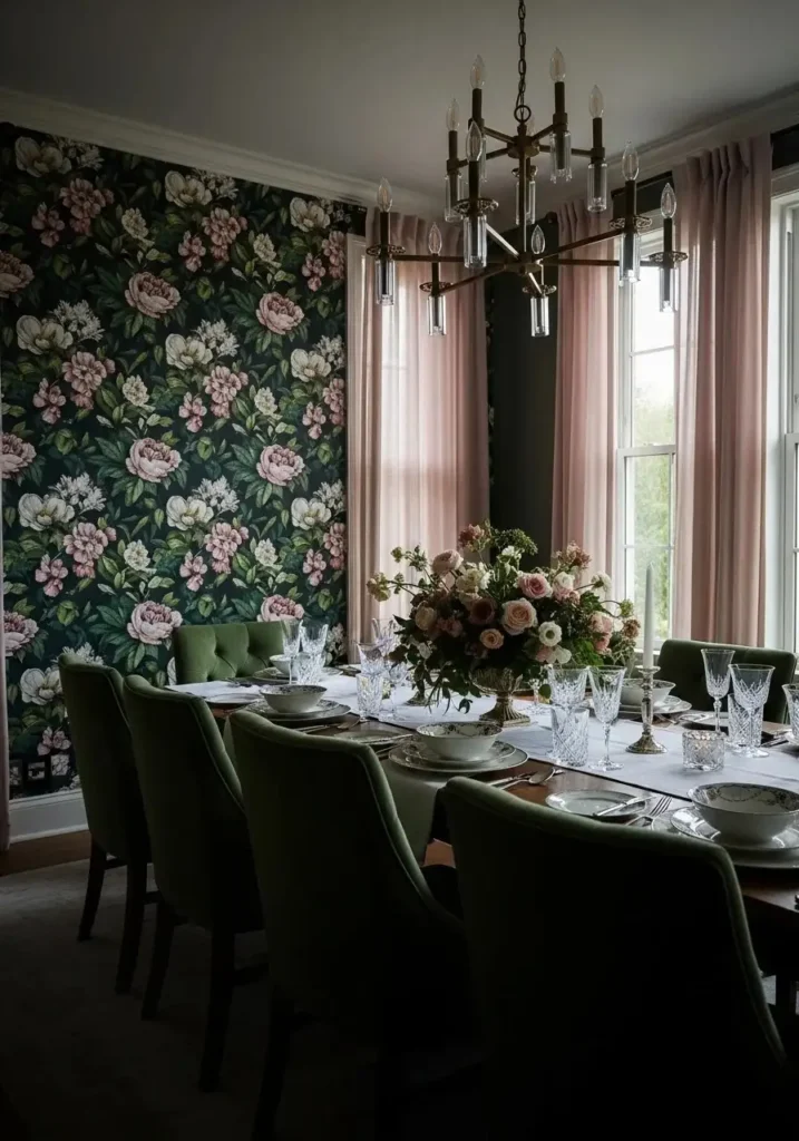 Bold floral wallpaper creating a statement dining room wall