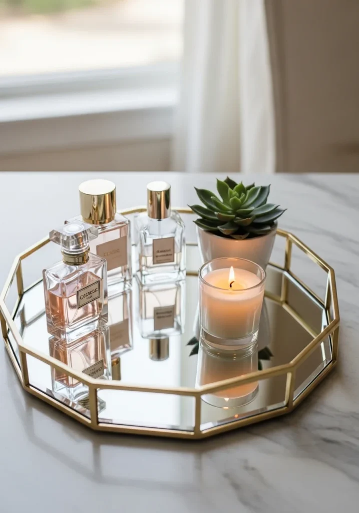 Mirrored tray centerpiece with decorative objects for stylish table decor