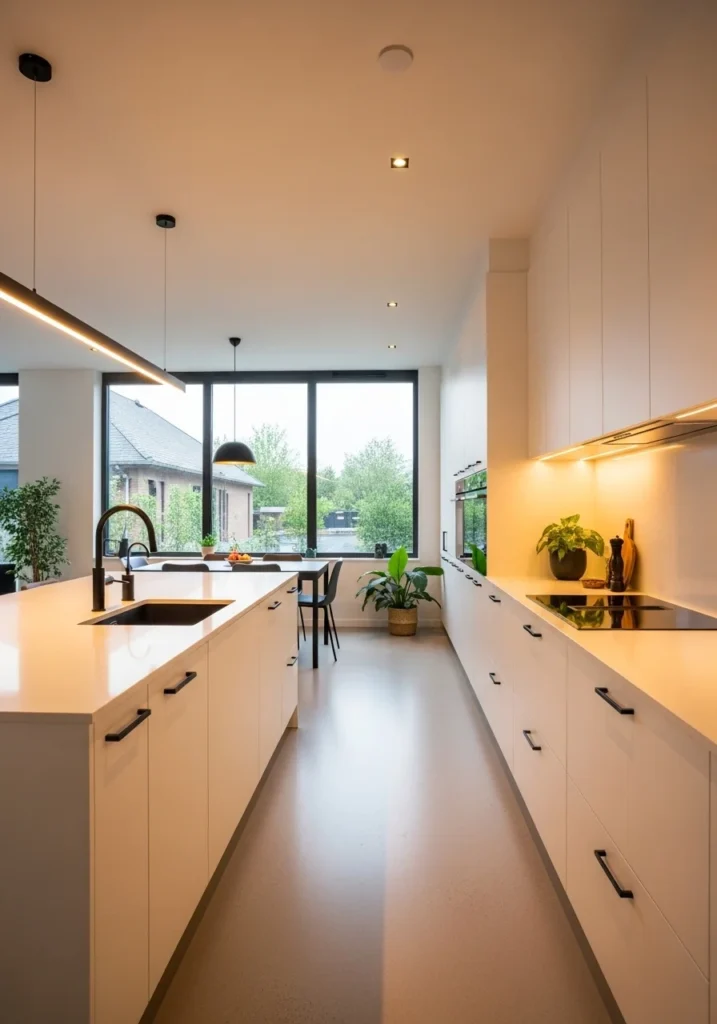 glossy white countertops black fixtures modern kitchen idea