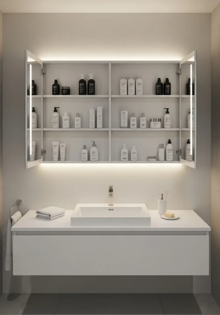 Mirror cabinet with hidden storage for skincare and bathroom essentials.