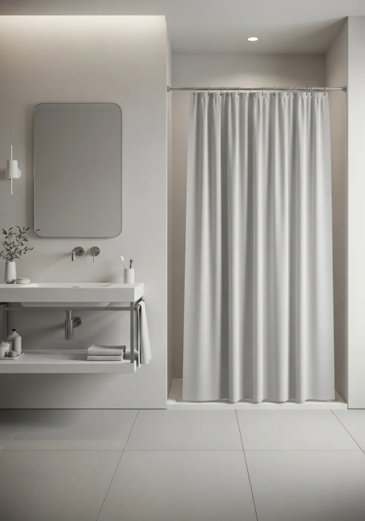 Minimalist bathroom curtain in neutral tones for a clean modern look