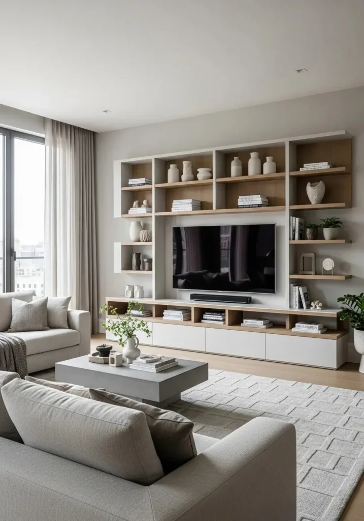 Floor-to-ceiling TV wall unit with storage in modern living room