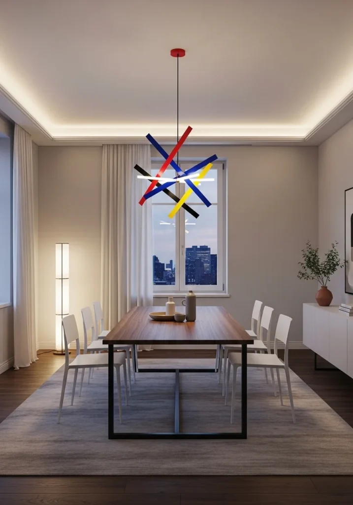 Statement colorful pendant light creating a focal point in a modern dining room