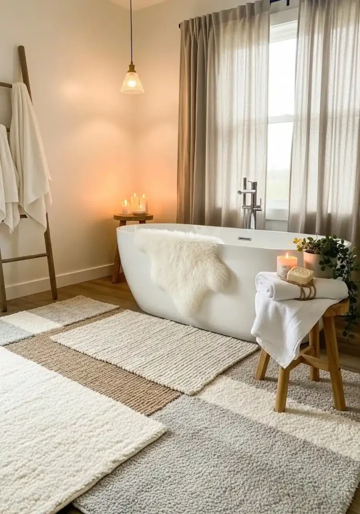 Layered bathroom rugs creating depth and cozy styling