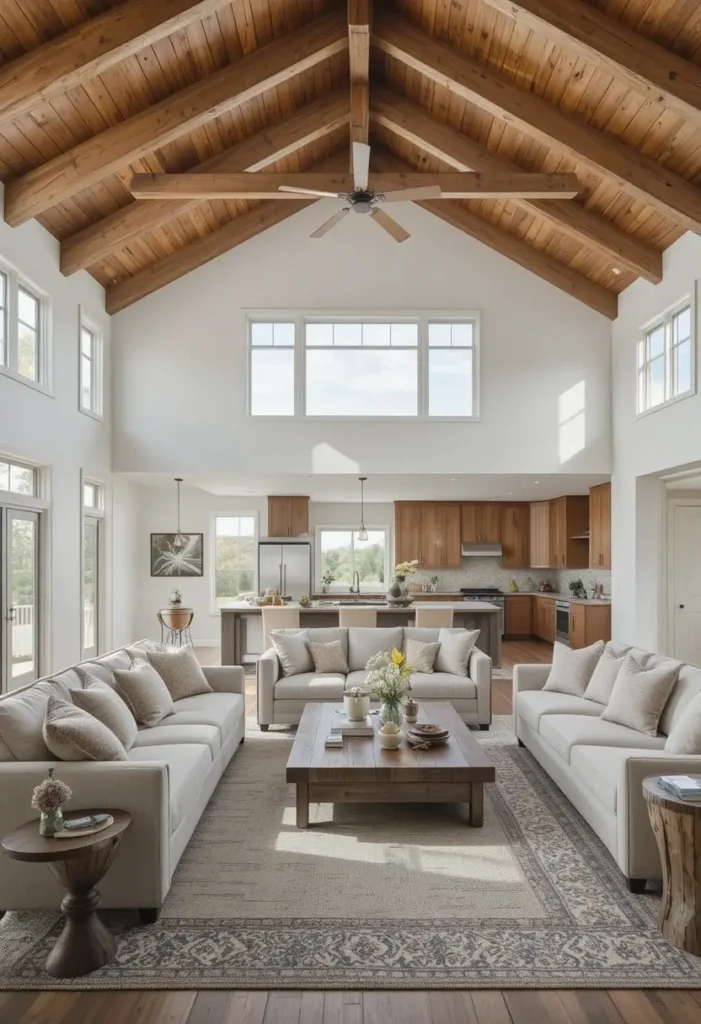 Open-concept home with exposed natural wood beams