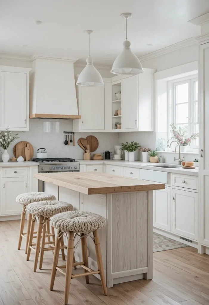 Scandinavian kitchen with light wood island and neutral decor
