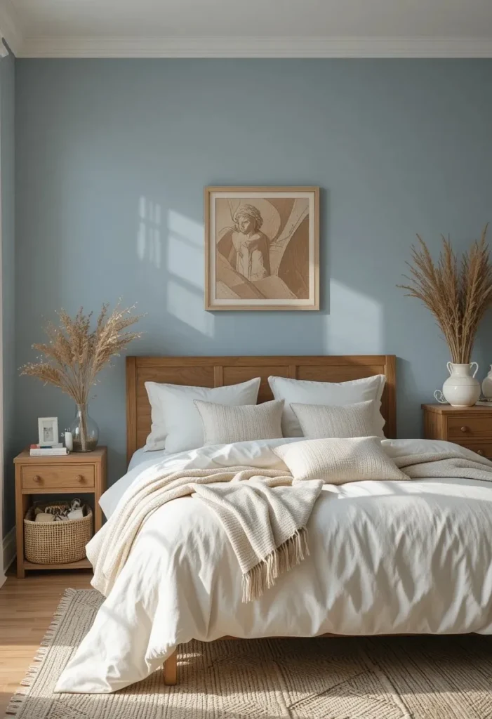 pale blue bedroom with soft neutral decor and warm textures